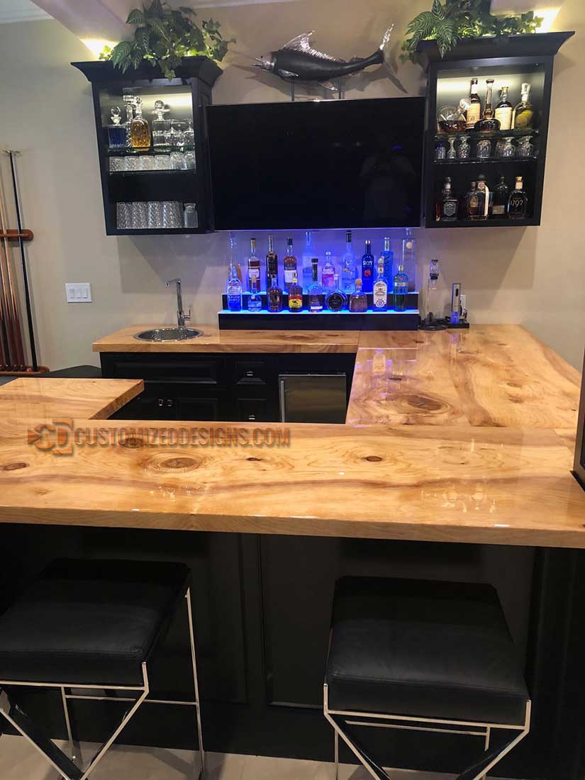 2 Tier Home Bar Display - Solid Wood Countertop
