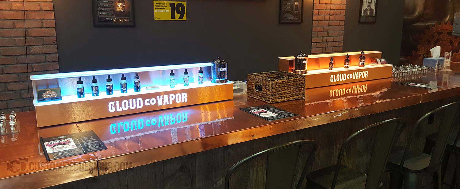 2 Tier LED Lighted Vape Store Display w/ Brushed Copper Finish