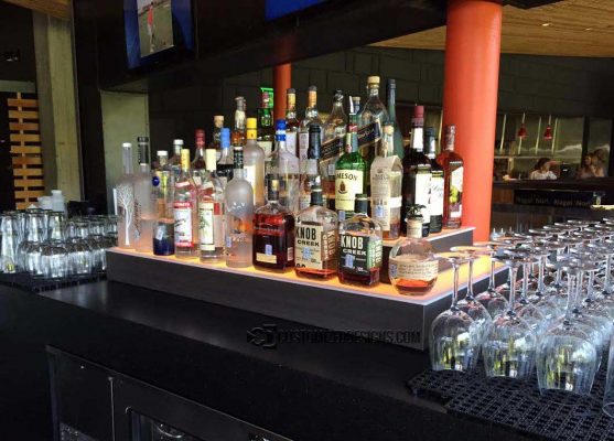 Wrap Style Commercial Back Bar Display with Sable Wood Finish