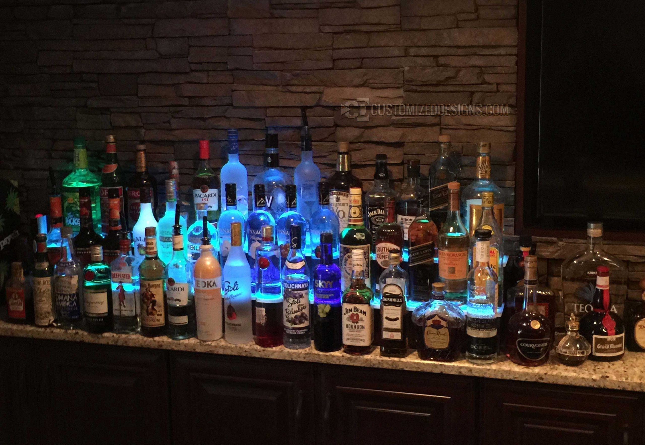 2 Tier Lighted Home Back Bar Display with Blue LED Lighting