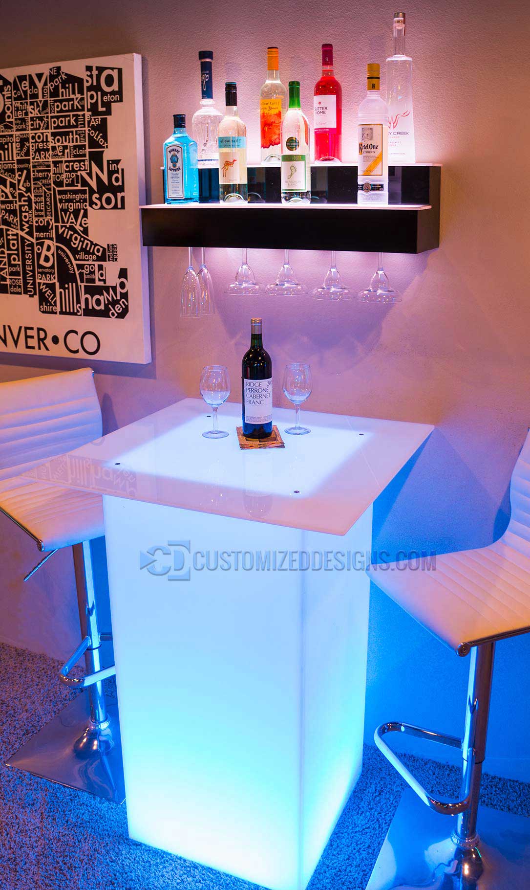 2 Tier Wall Mounted Liquor Display & Lumen LED High Boy Table