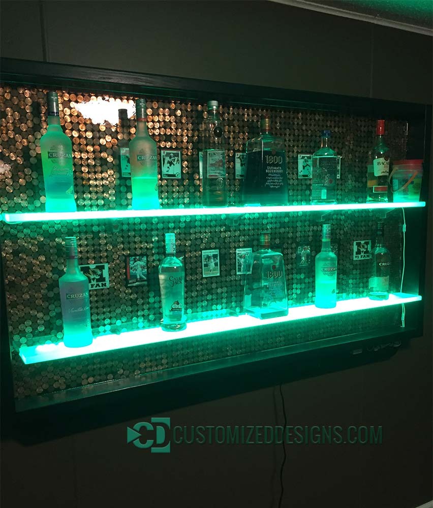 Home Bar w/ Lighted Shelves & Penny Backdrop