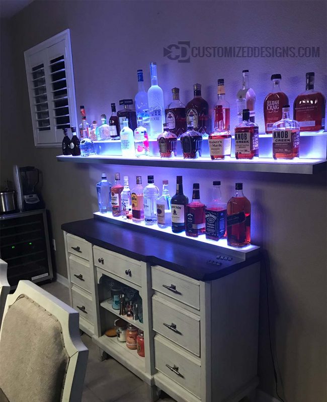 Wall Mounted Low Profile Liquor Shelves w/ Stainless Steel Finish