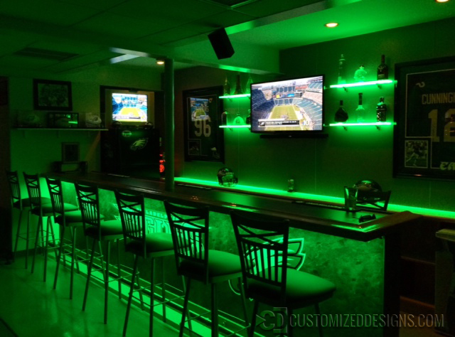 Philadelphia Eagles Man Cave w/ LED Shelving - Home Bar Ideas
