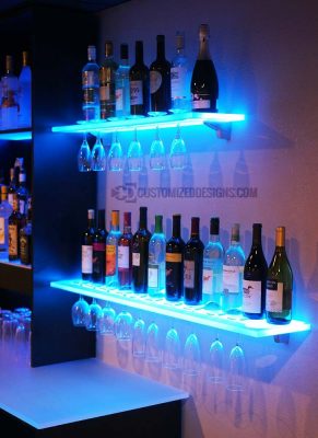 LED Floating Shelves w/ Wine Glass Rack