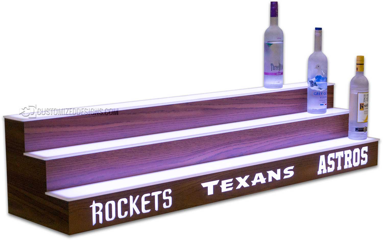 3 Tier Liquor Display w/ Houston Sports Teams & Hearth Oak Finish