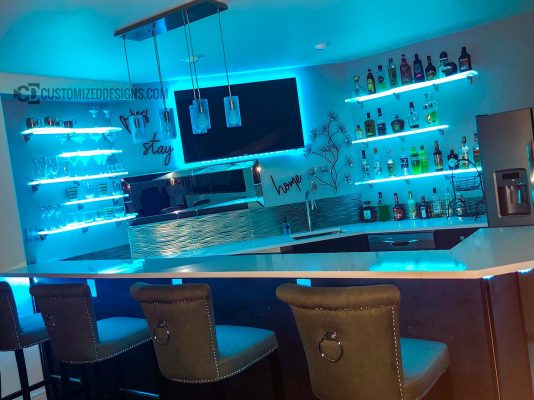 Home Bar with Curved LED Shelves