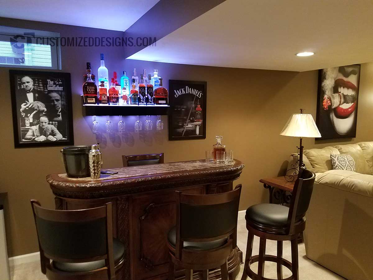 Mobster Themed Home Bar w/ 2 Tier Wine Glass Display