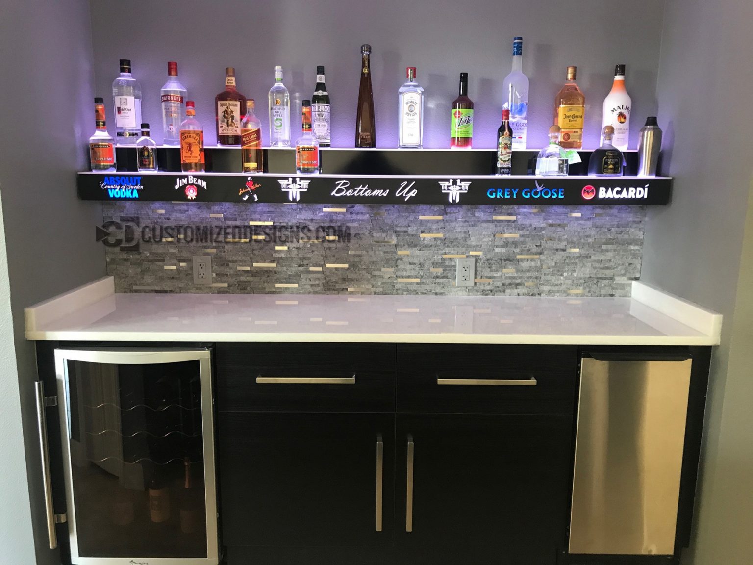 Wall Mounted 2 Tier Bar Display w/ Liquor Logos - Home Bar Ideas
