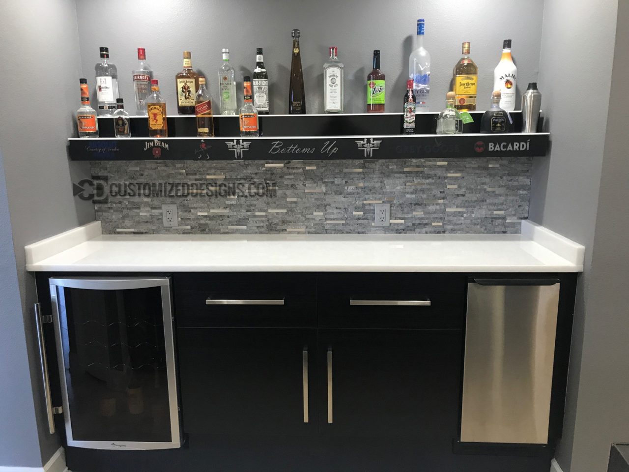 Wall Mounted 2 Tier Bar Display w/ Liquor Logos - Lighting Turned Off