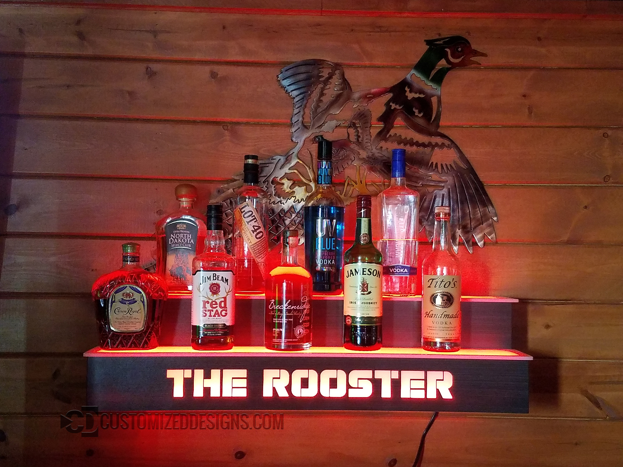 Wall Mounted 2 Tier Liquor Shelf w/ Rooster Logo